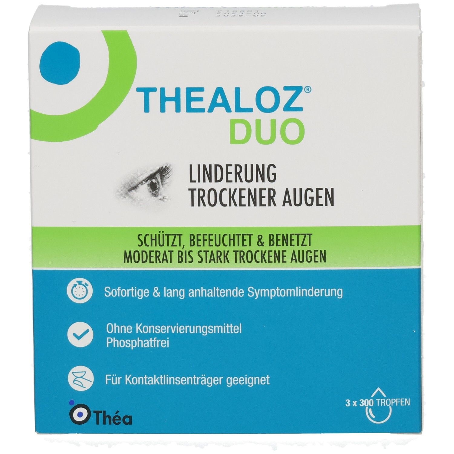 Thealoz Duo Augentropfen-Verpackung. Weißer Karton mit blauer und grüner Beschriftung. Text: Linderung trockener Augen. 3 x 300 Tropfen.