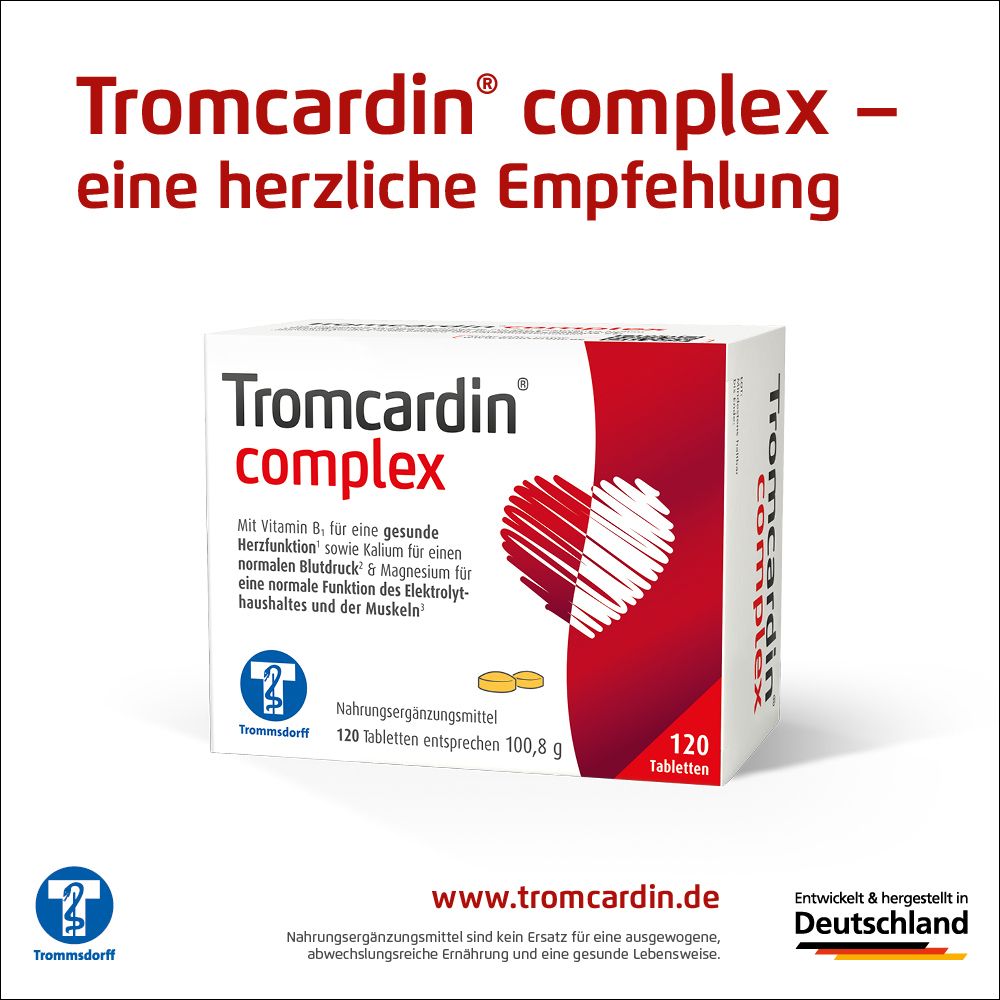 Tromcardin® complex Packung. Text: Tromcardin® complex – eine herzliche Empfehlung.