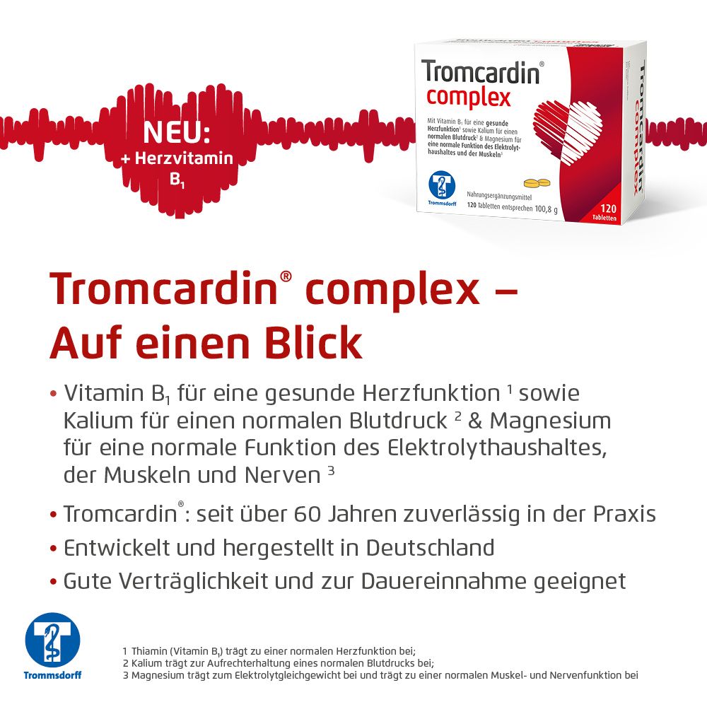 Tromcardin® complex Packung. Text: Tromcardin® complex – Auf einen Blick. Herzsymbol. Neu: + Herzvitamin B1.