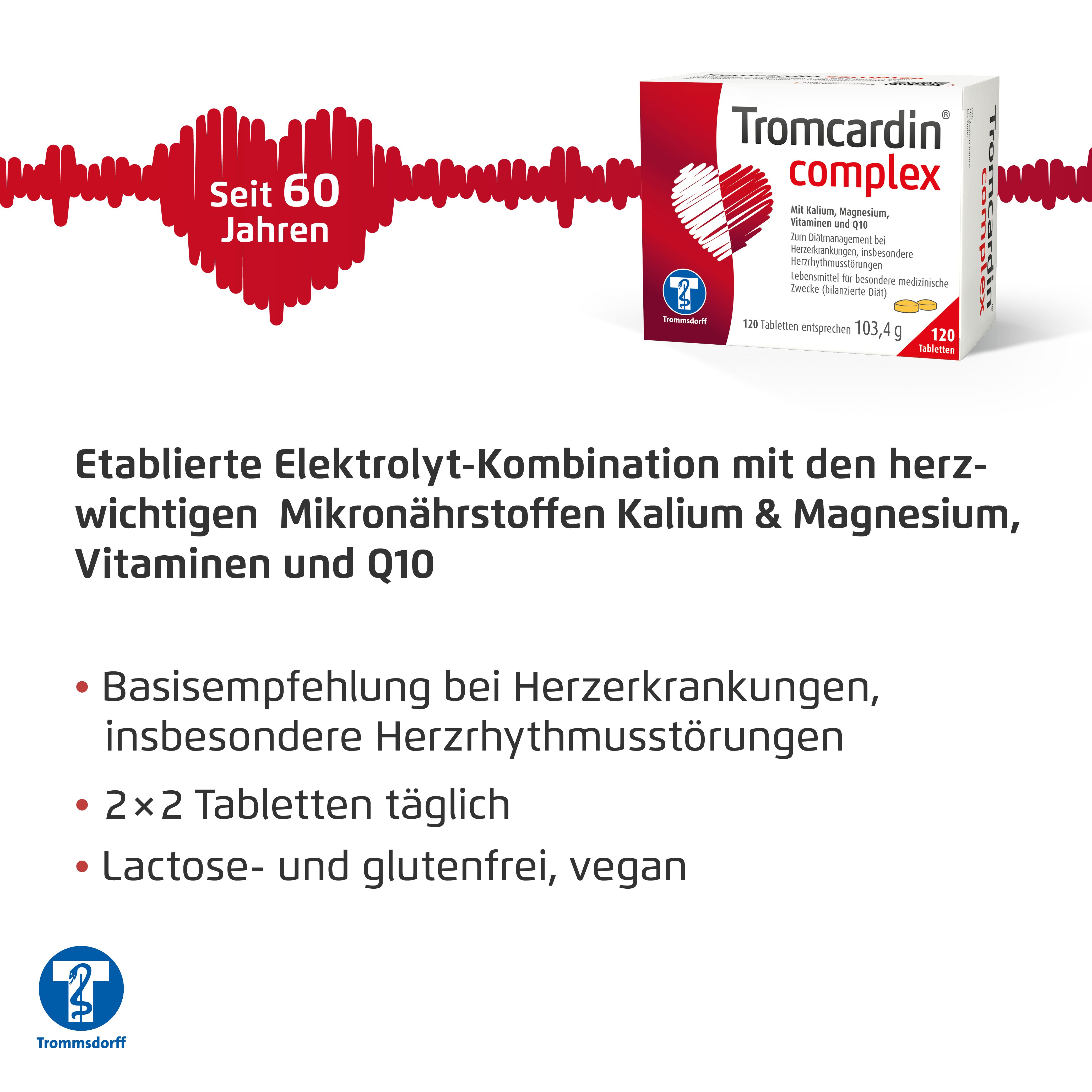 Tromcardin® complex Packung. Text: Etablierte Elektrolyt-Kombination. 2x2 Tabletten täglich. Vegan.