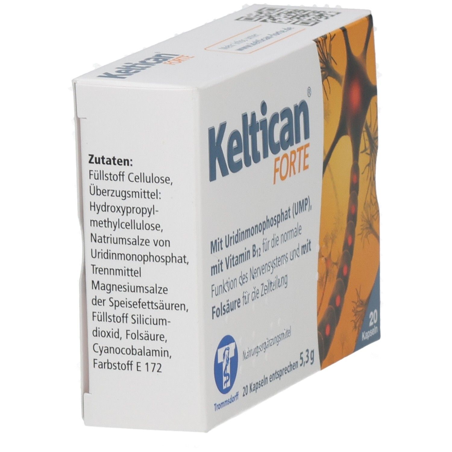 Keltican FORTE-Packung, schräg. Aufdrucke: Zutaten, UMP, Vitamin B12, Folsäure. Abbildung eines Neurons. 20 Kapseln.