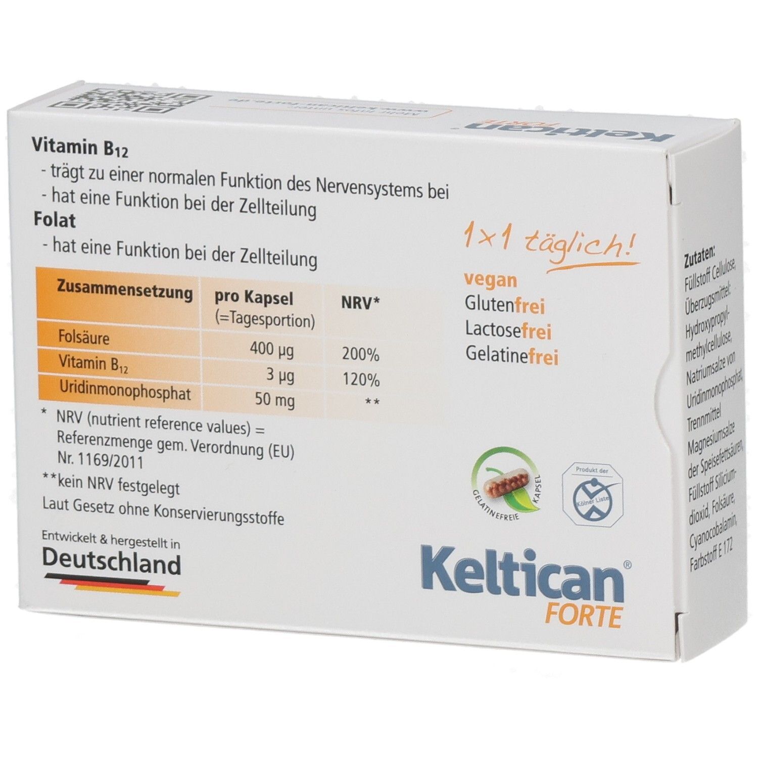Keltican FORTE-Packung. Aufdrucke: Vitamin B12, Folsäure, Inhaltsstoffe, vegan, glutenfrei, laktosefrei, gelatinefrei.