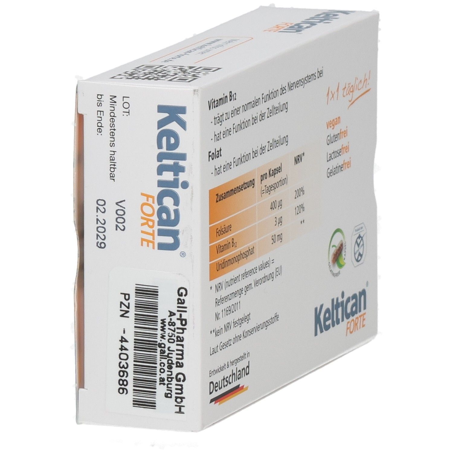 Keltican FORTE-Packung, schräg. Aufdrucke: Mindesthaltbarkeit, PZN, Hersteller. Enthält Vitamin B12 und Folsäure.