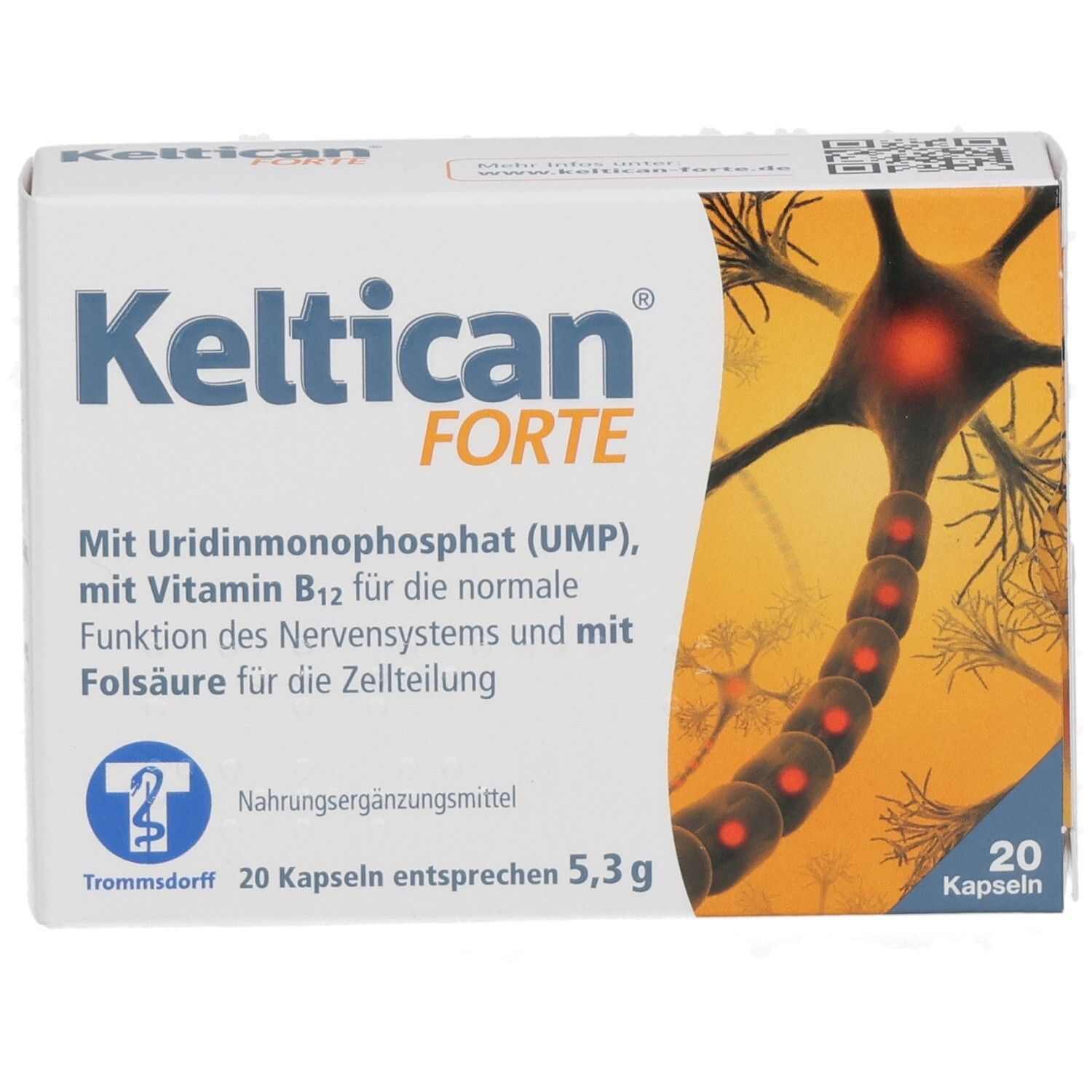 Keltican FORTE-Packung. Enthält 20 Kapseln. Aufdrucke: UMP, Vitamin B12, Folsäure. Abbildung eines Neurons.