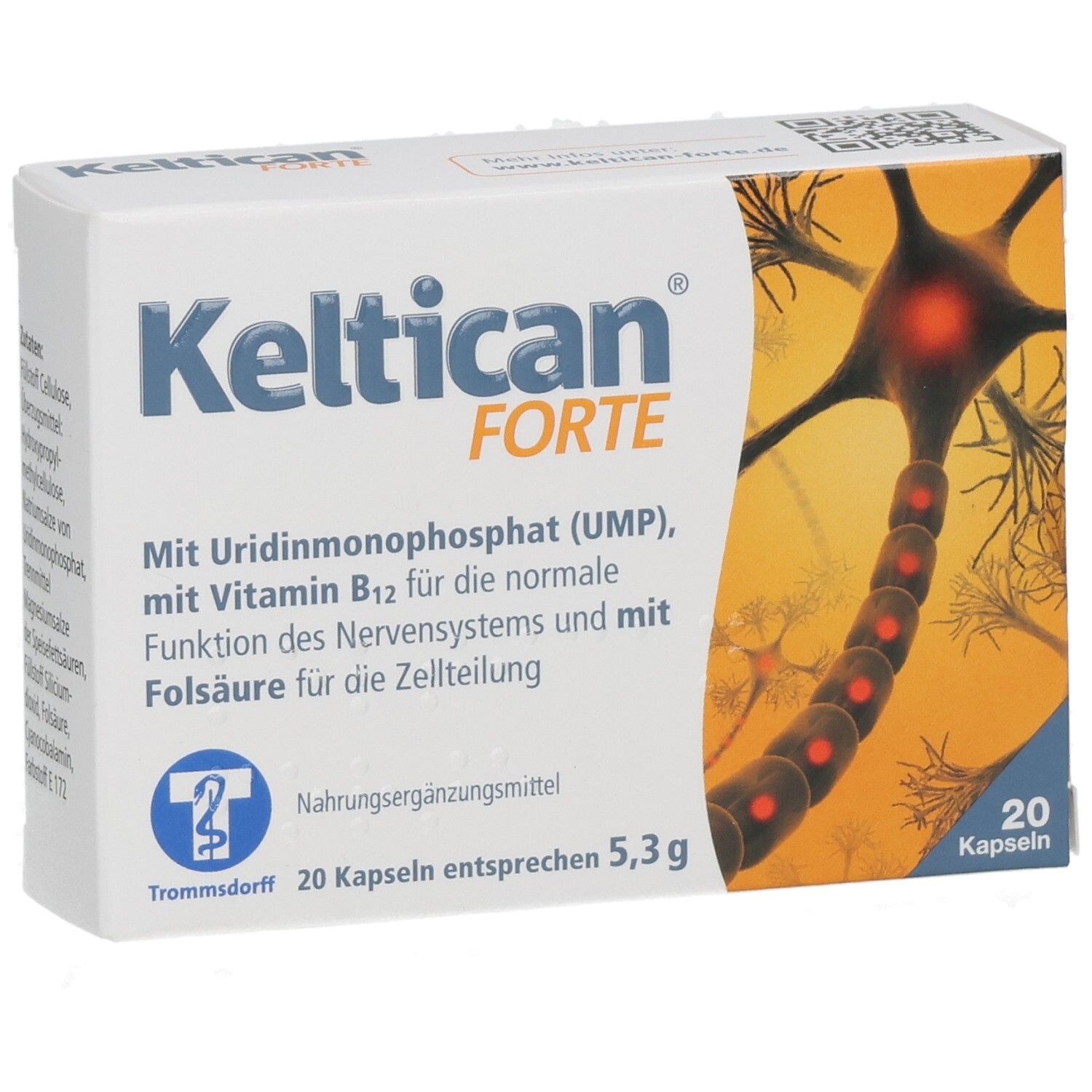 Keltican FORTE-Packung. Enthält 20 Kapseln. Aufdrucke: UMP, Vitamin B12, Folsäure. Abbildung eines Neurons.