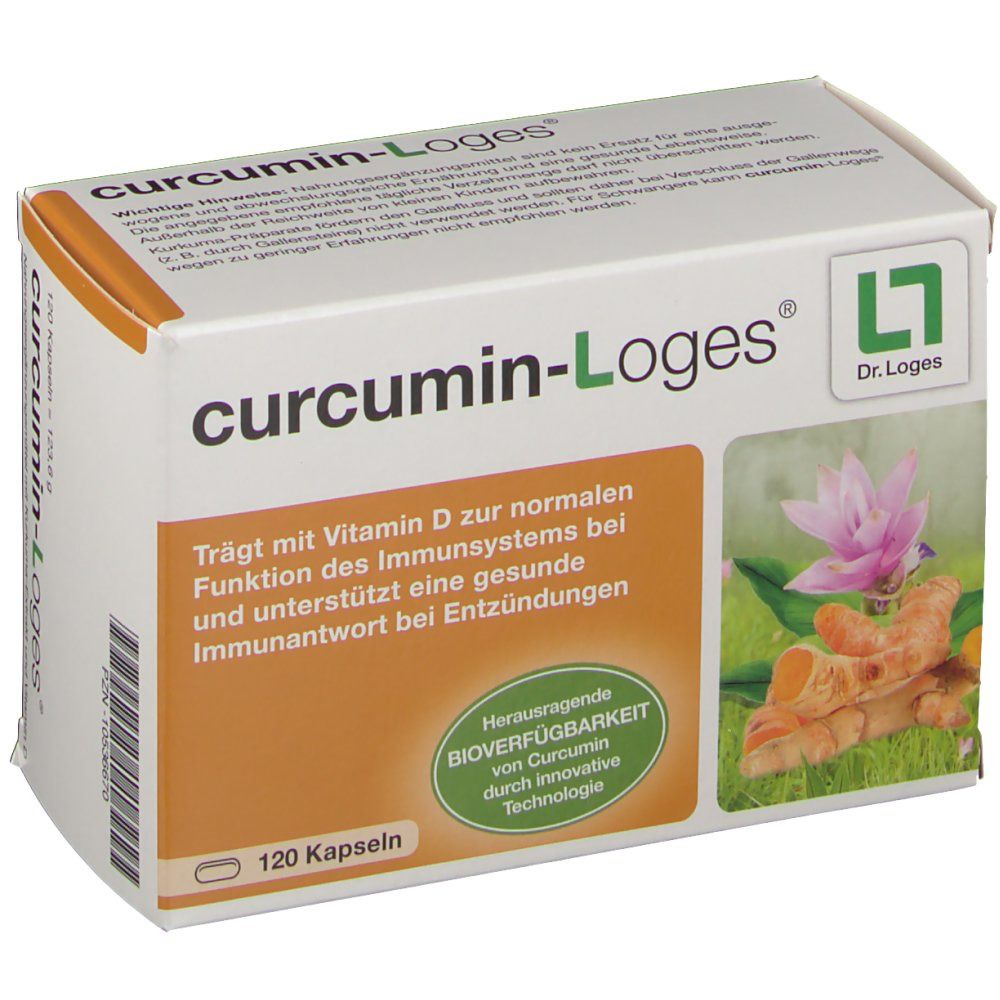 Verpackung von curcumin-Loges®. Enthält 120 Kapseln. Aufdrucke: Produktname, Logo, Inhaltsstoffe, und Informationen.