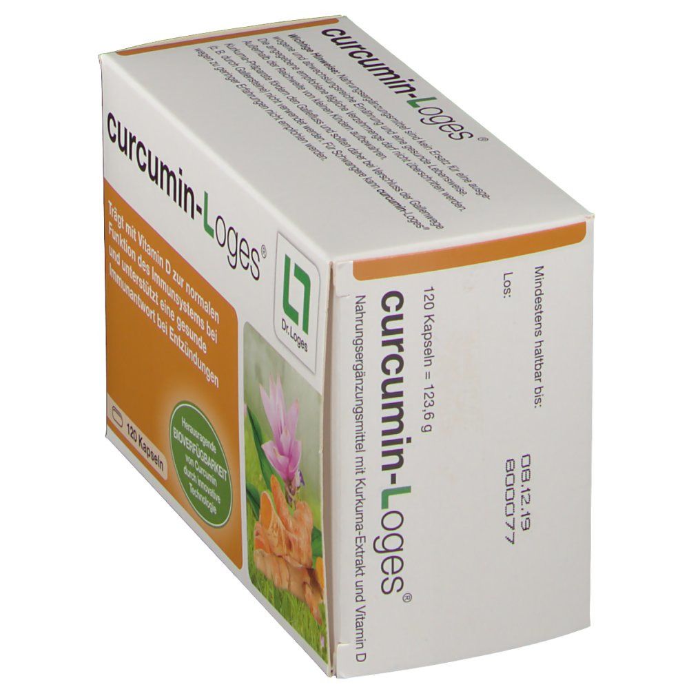 Schrägansicht der curcumin-Loges® Verpackung. Aufdrucke: Produktname, Logo, Inhaltsstoffe, und Informationen. 120 Kapseln.