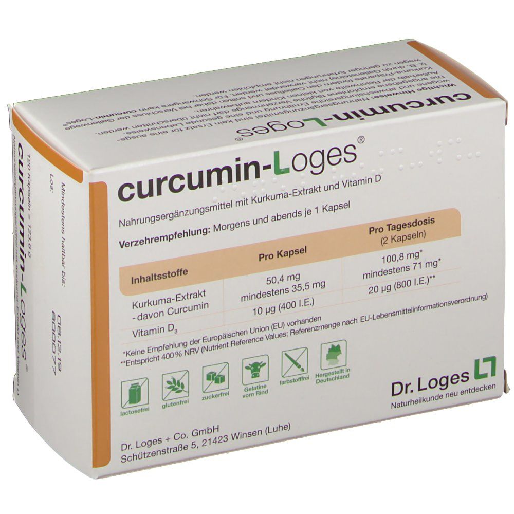 Rückseite der curcumin-Loges® Verpackung. Aufdrucke: Produktname, Logo, Inhaltsstoffe, und Informationen. 120 Kapseln.