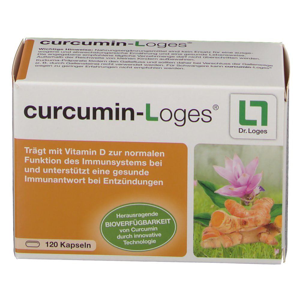 curcumin-Loges® Verpackung. Enthält 120 Kapseln. Aufdrucke: Produktname, Logo, Inhaltsstoffe, und Informationen.