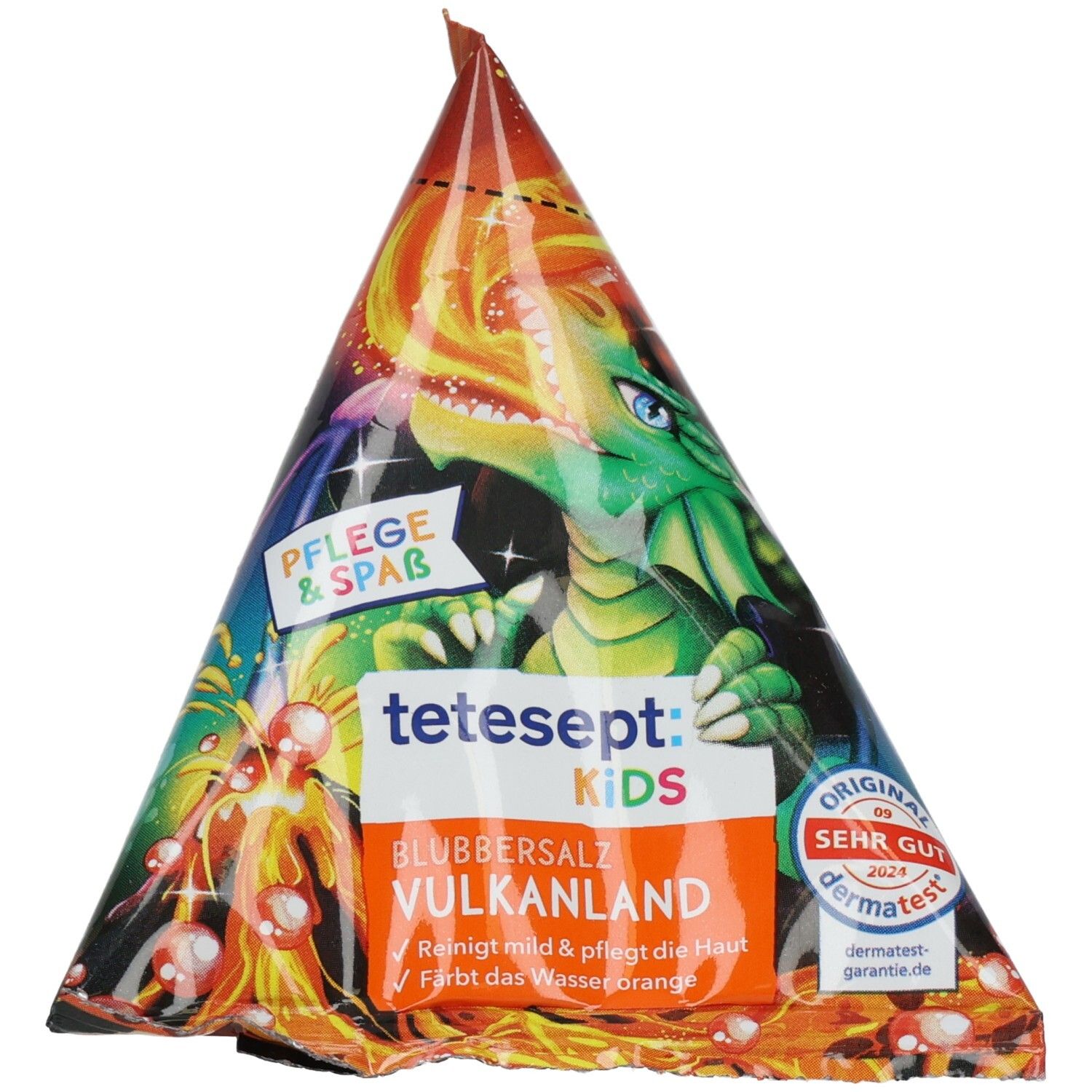 Kegelförmige Verpackung mit Drachenmotiv. Enthält tetesept Blubbersalz Vulkanland. Mit dermatest-Siegel. Text: Pflege & Spaß, KIDS.