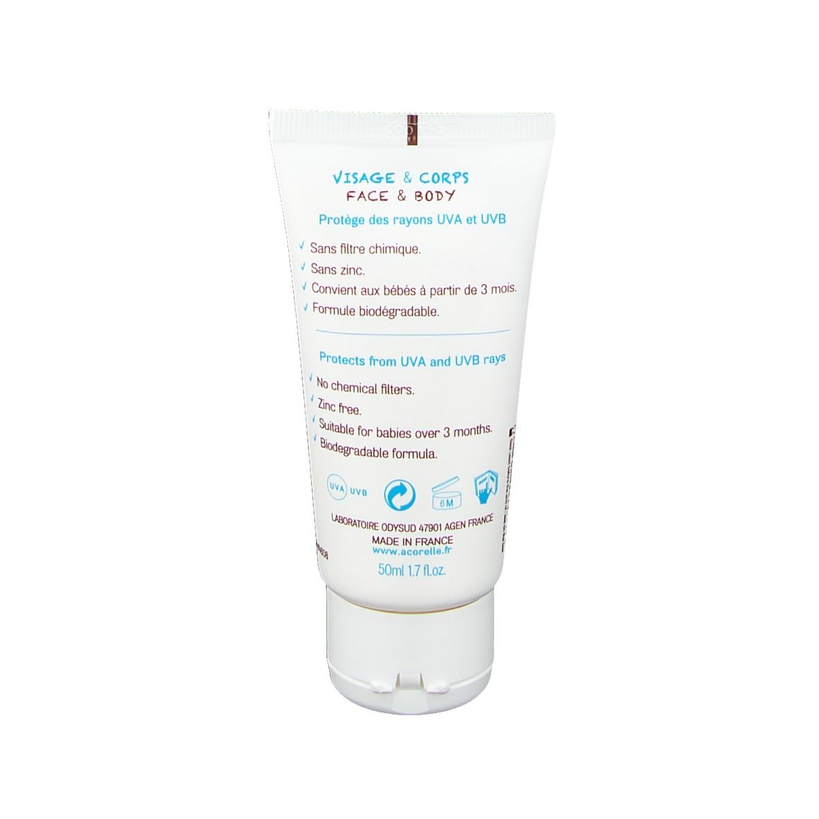 Rückseite der Sonnencreme-Tube. Text: "Visage & Corps", Schutz vor UVA/UVB, ohne chemische Filter, für Babys ab 3 Monaten.