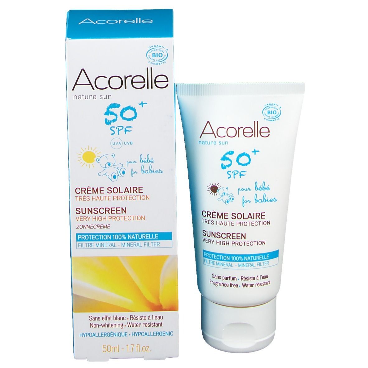 Acorelle Sonnencreme LSF 50+ und Verpackung. Tube und Schachtel. Text: "Crème Solaire", "SPF 50+", "für Babys". Bio-Siegel.
