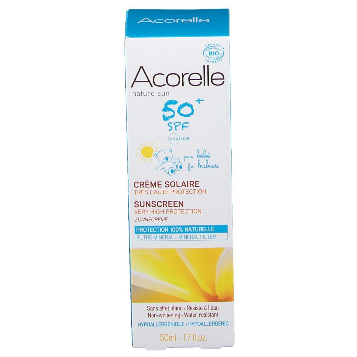 Verpackung der Acorelle Sonnencreme LSF 50+. Text: "Crème Solaire", "SPF 50+", "für Babys". Bio-Siegel. Gelbe Blume.