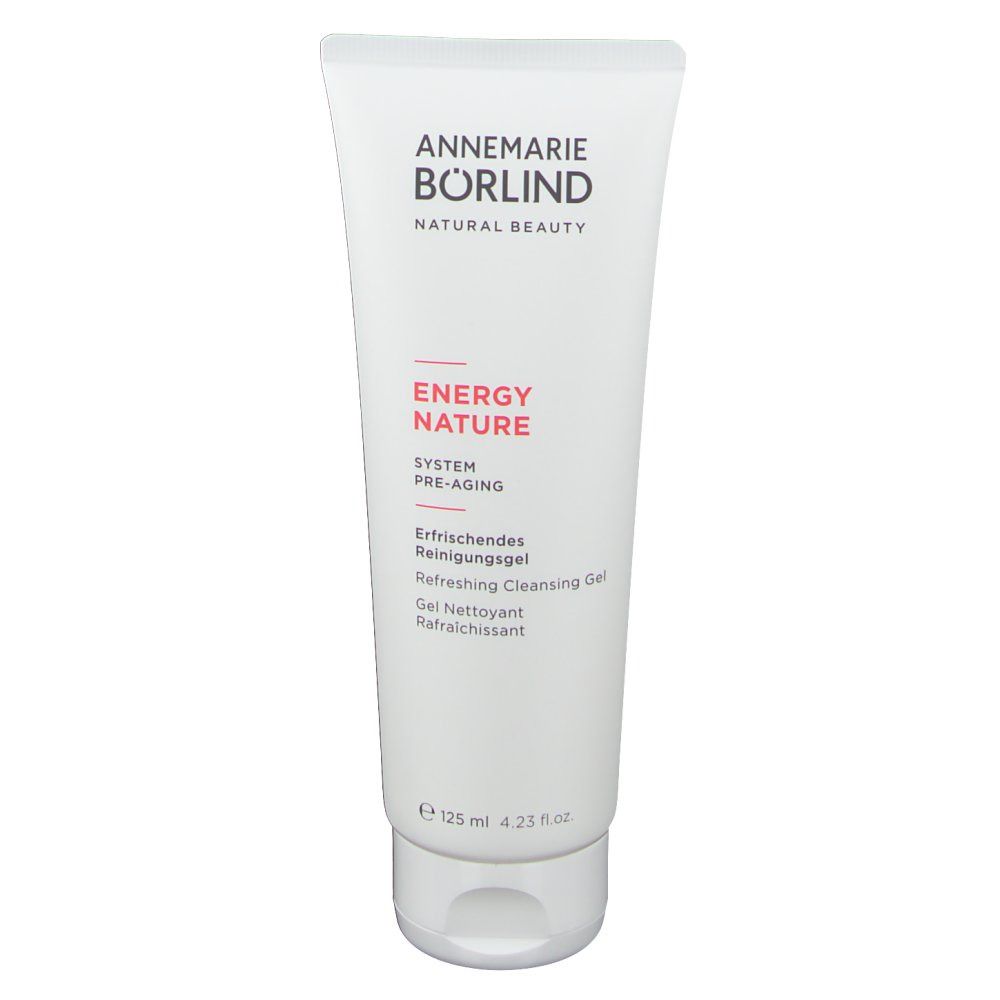 Weiße Tube mit roter und schwarzer Schrift. Aufschrift: ENERGY NATURE, Erfrischendes Reinigungsgel. Marke: BÖRLIND.