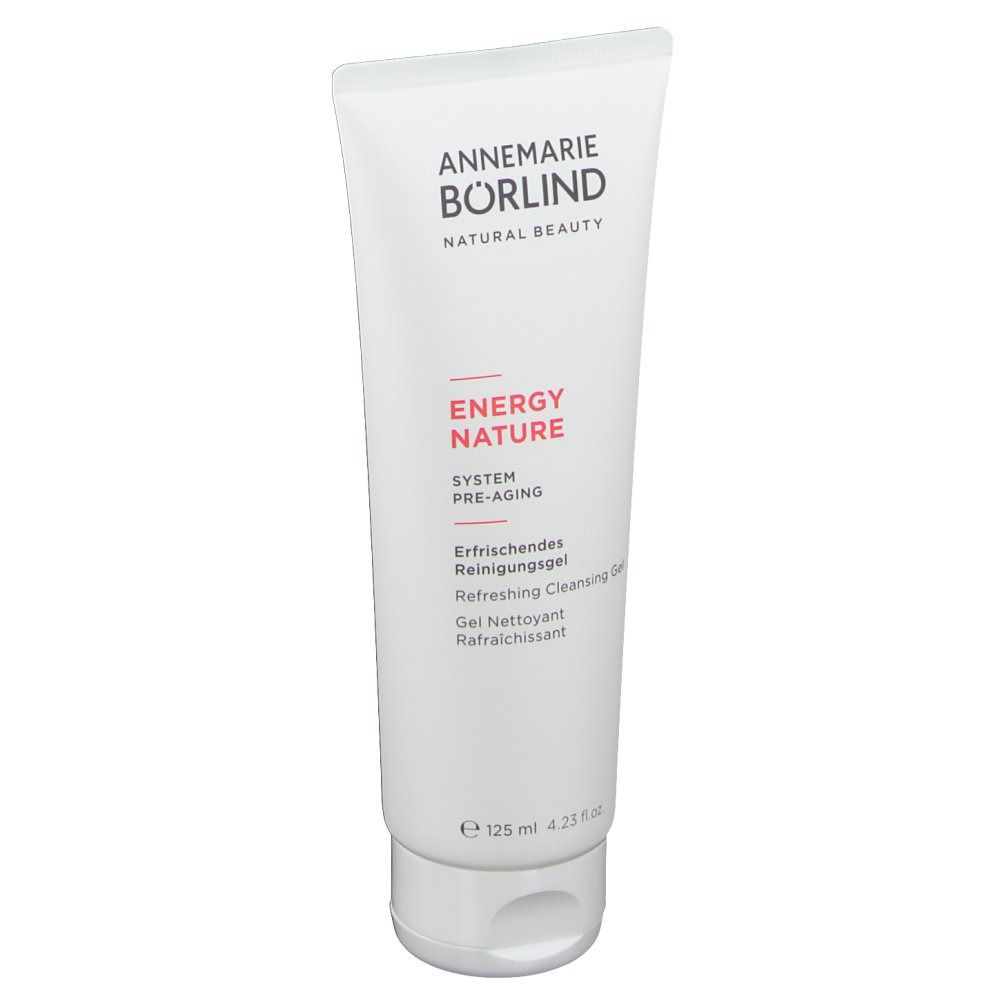 Weiße Tube mit roter und schwarzer Schrift. Aufschrift: ENERGY NATURE, Erfrischendes Reinigungsgel. Marke: BÖRLIND.