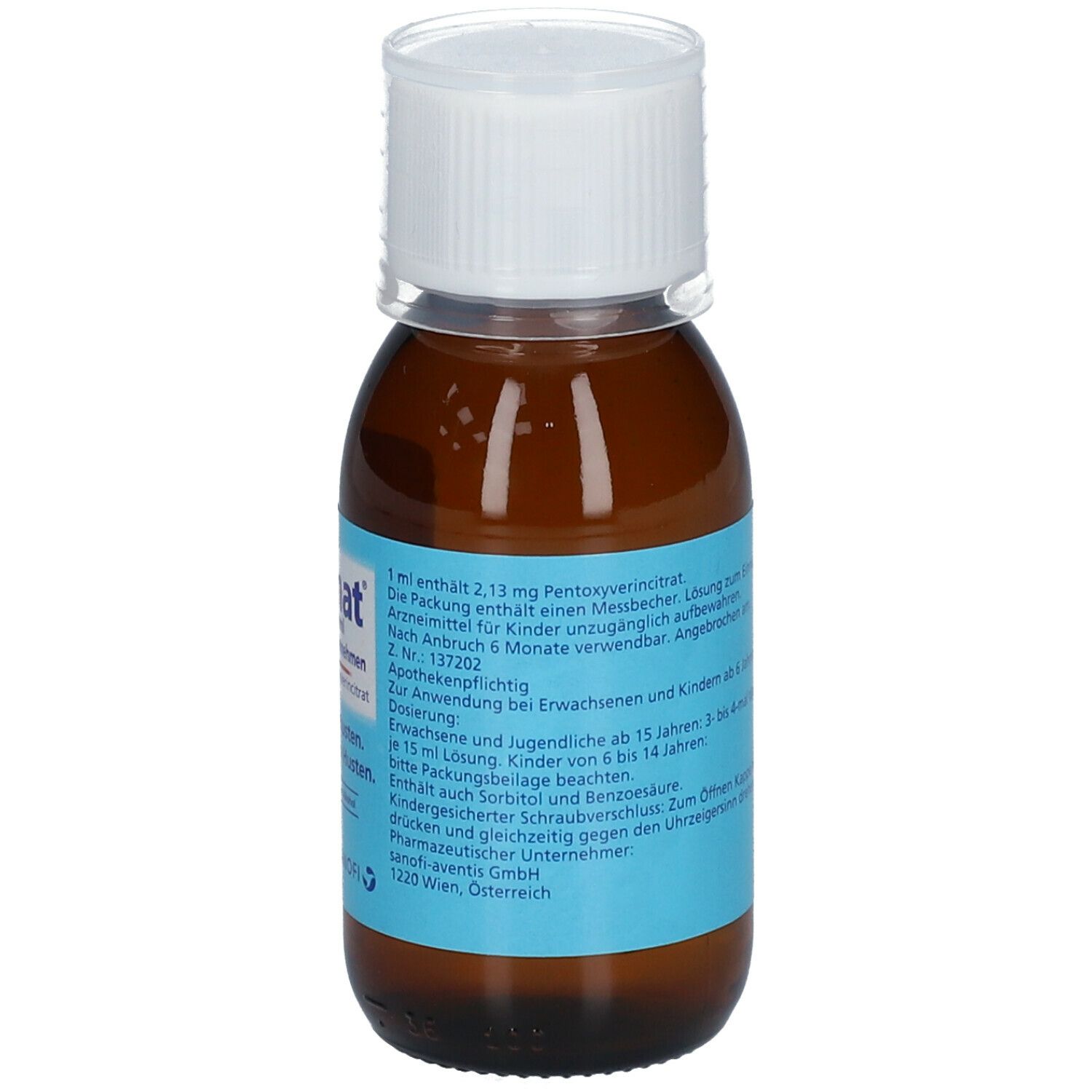 Braune Glasflasche mit weißem Deckel. Etikett mit Produktinformationen. Enthält Dosierungshinweise und Inhaltsstoffe.