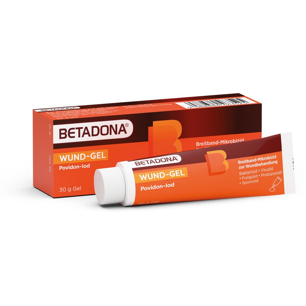 Verpackung und Tube Betadona Wund-Gel. Aufschrift: Wund-Gel, Povidon-Iod. Text: Breitband-Mikrobizid zur Wundbehandlung. 30 g Gel.