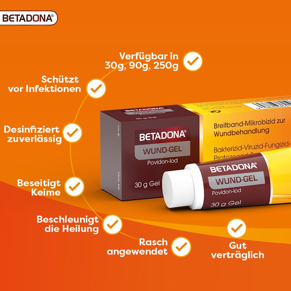 Produktabbildung mit Verpackung und Tube Betadona Wund-Gel. Text: Schützt vor Infektionen, desinfiziert, beseitigt Keime, beschleunigt Heilung. 30g Gel.