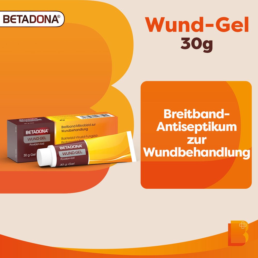 Produktabbildung mit Verpackung und Tube Betadona Wund-Gel. Text: Breitband-Antiseptikum zur Wundbehandlung. 30g Gel.