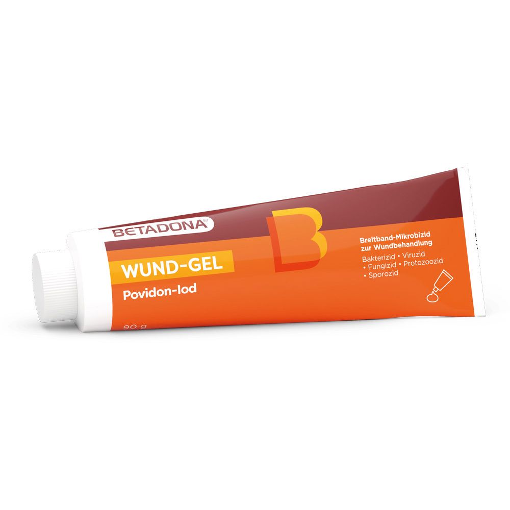 Tube Betadona Wund-Gel, orange-braun. Text: Wund-Gel, Povidon-Iod. Weißer Schraubverschluss.