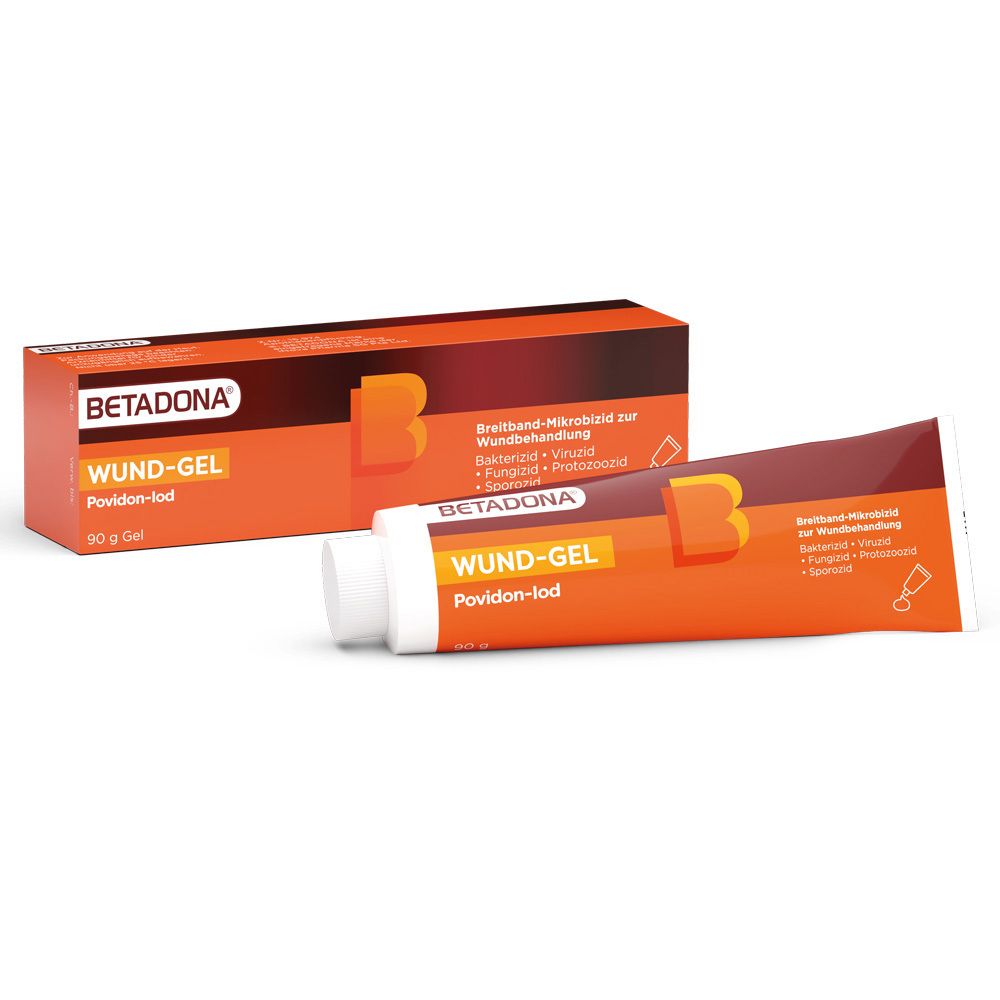 Betadona Wund-Gel Tube und Schachtel. Tube orange-braun, Schachtel braun-orange. Text: Wund-Gel, Povidon-Iod.