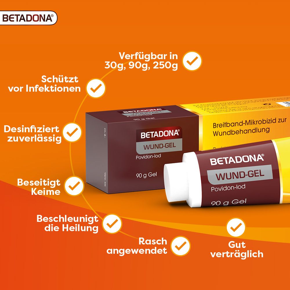 Produktmerkmale von Betadona Wund-Gel. Text und Häkchen auf orange-braunem Hintergrund. Produktverpackung.