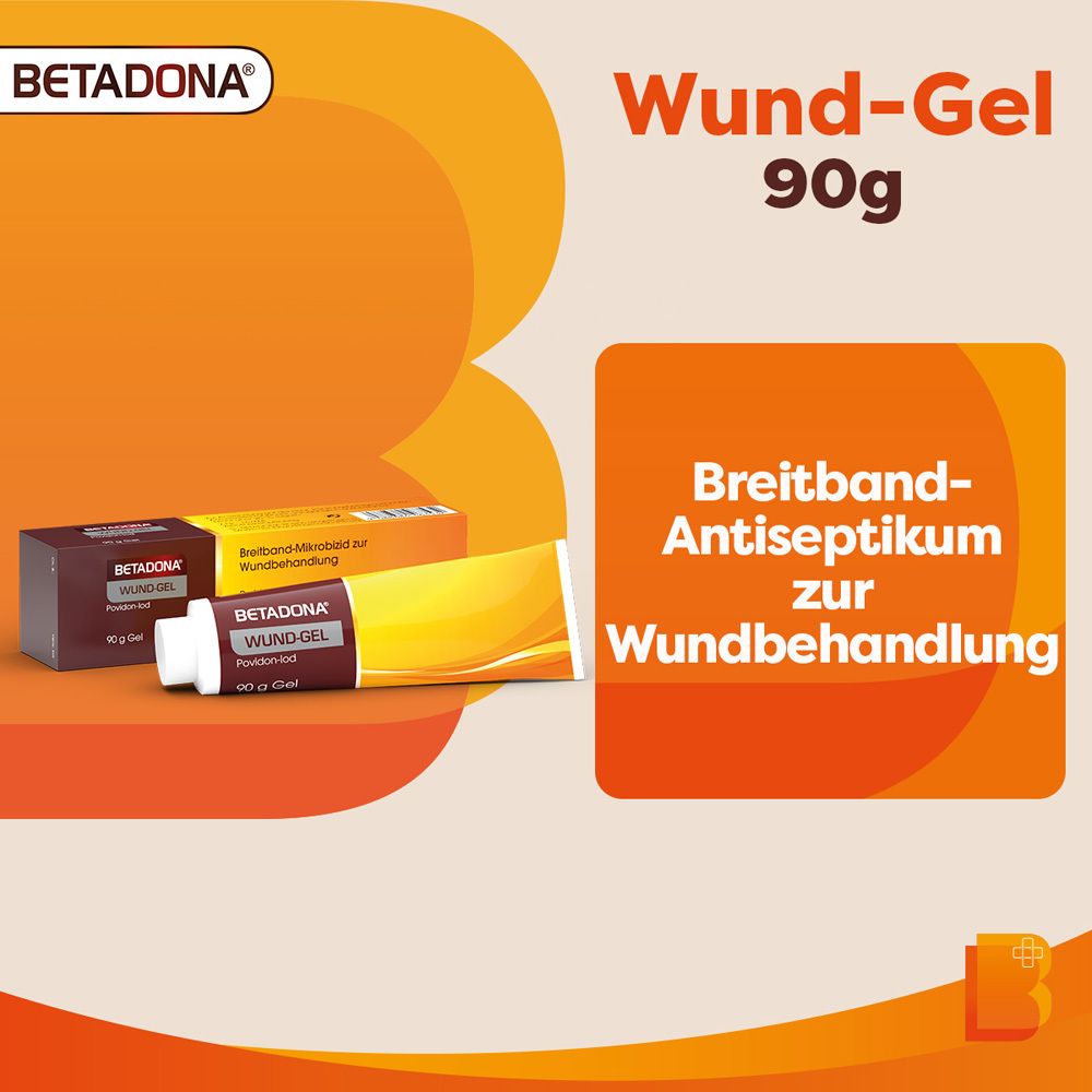 Betadona Wund-Gel Tube und Schachtel. Orange-braune Tube, braune Schachtel. Text: Wund-Gel, 90g, Breitband-Antiseptikum.