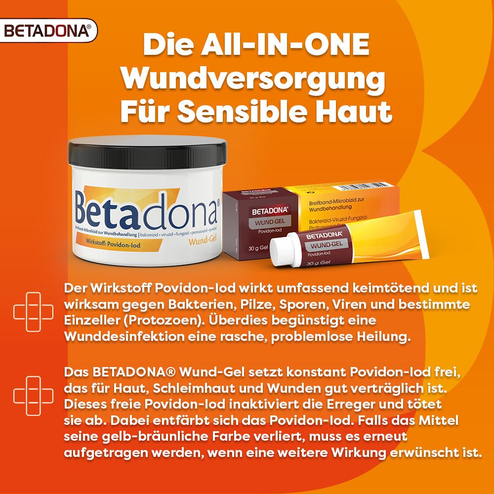 Werbebild mit Betadona® Wund-Gel-Produkten. Gezeigt werden ein Glas, eine Tube und eine Schachtel.