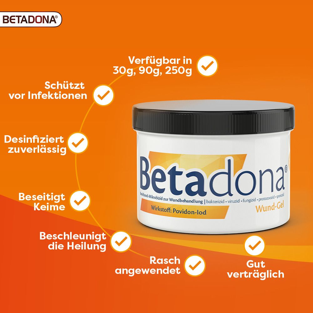 Glas Betadona® Wund-Gel mit schwarzem Deckel. Aufschrift: Betadona, Wund-Gel. Check-Zeichen um das Produkt.