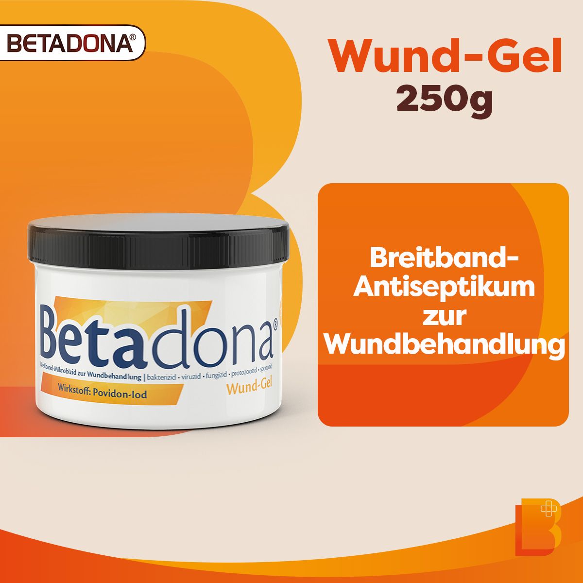 Glas Betadona® Wund-Gel mit schwarzem Deckel. Aufschrift: Betadona, Wund-Gel, 250g. Quadrat mit Text.