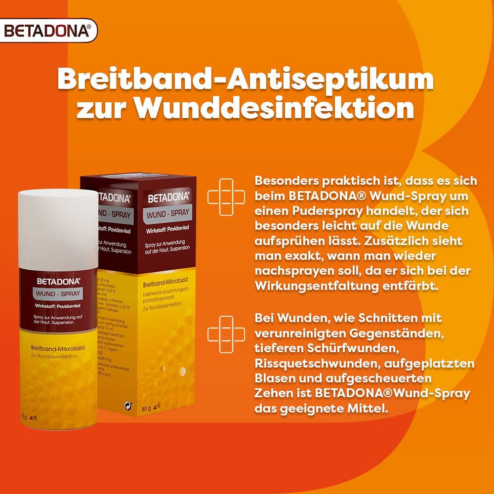 Betadona Wund-Spray. Spraydose und Verpackung. Text auf orangefarbenem Hintergrund. Plus-Zeichen.