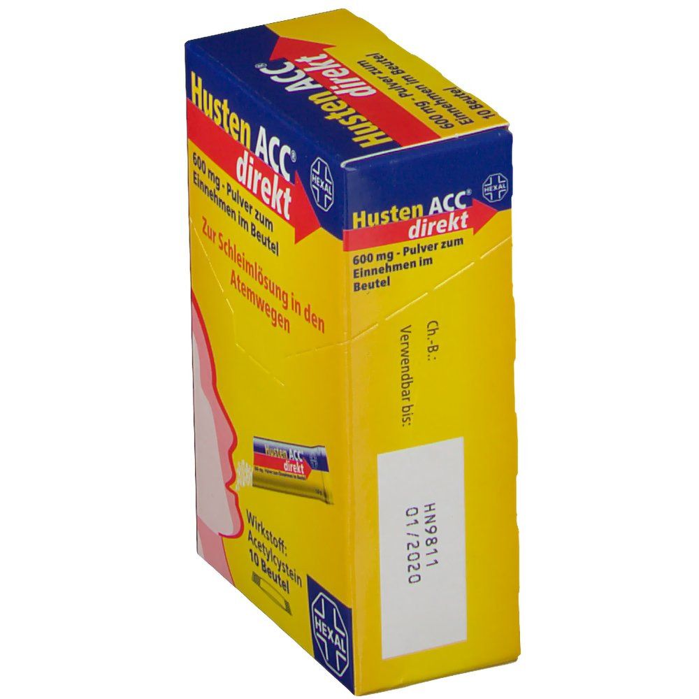Gelbe Schachtel mit "Husten ACC direkt"-Logo. Enthält 10 Beutel. Aufdrucke: 600 mg, Pulver, Verfallsdatum 01/2020.