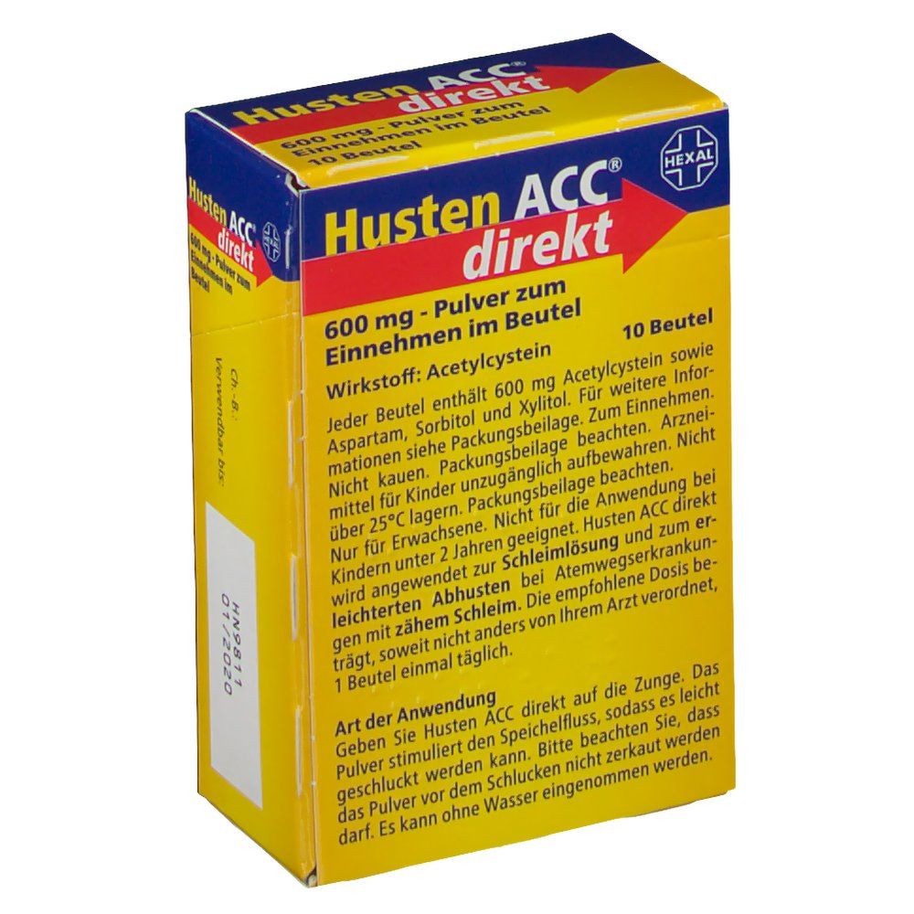 Gelbe Schachtel "Husten ACC direkt". Text: 600 mg Pulver, 10 Beutel, Wirkstoff Acetylcystein. Gebrauchsanweisung aufgedruckt.