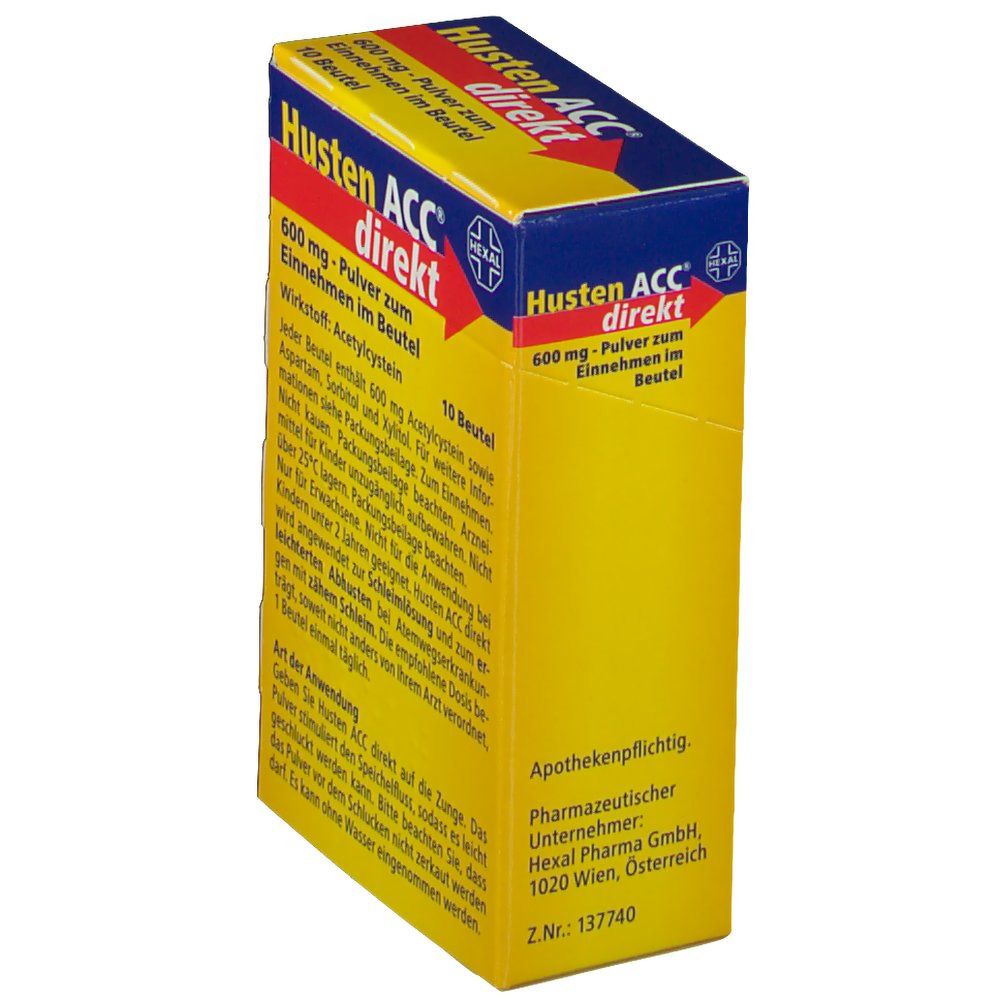 Gelbe Schachtel "Husten ACC direkt". Text: 600 mg Pulver, 10 Beutel. Apothekenpflichtig. Hersteller: Hexal Pharma GmbH.