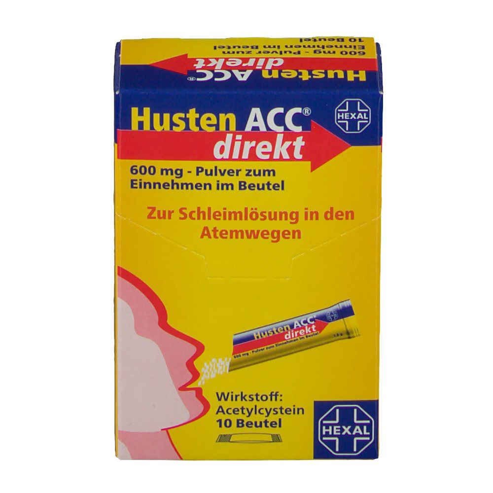 Gelbe Schachtel "Husten ACC direkt". Text: 600 mg Pulver, 10 Beutel. Abbildung: Person nimmt Pulver aus Beutel ein.