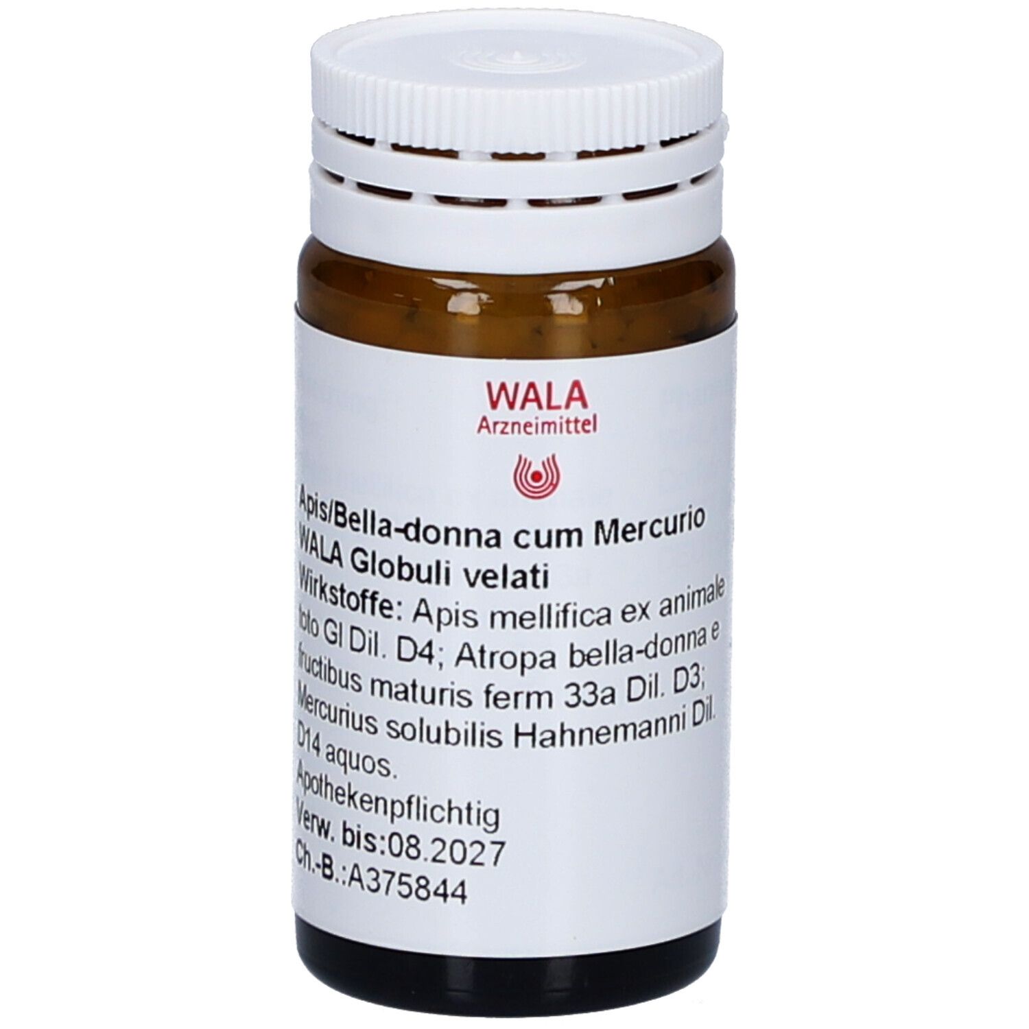 Braune Glasflasche mit weißem Deckel und Etikett. Beschriftung: APIS BELLAD CUM MER WAL GLO. WALA Arzneimittel.