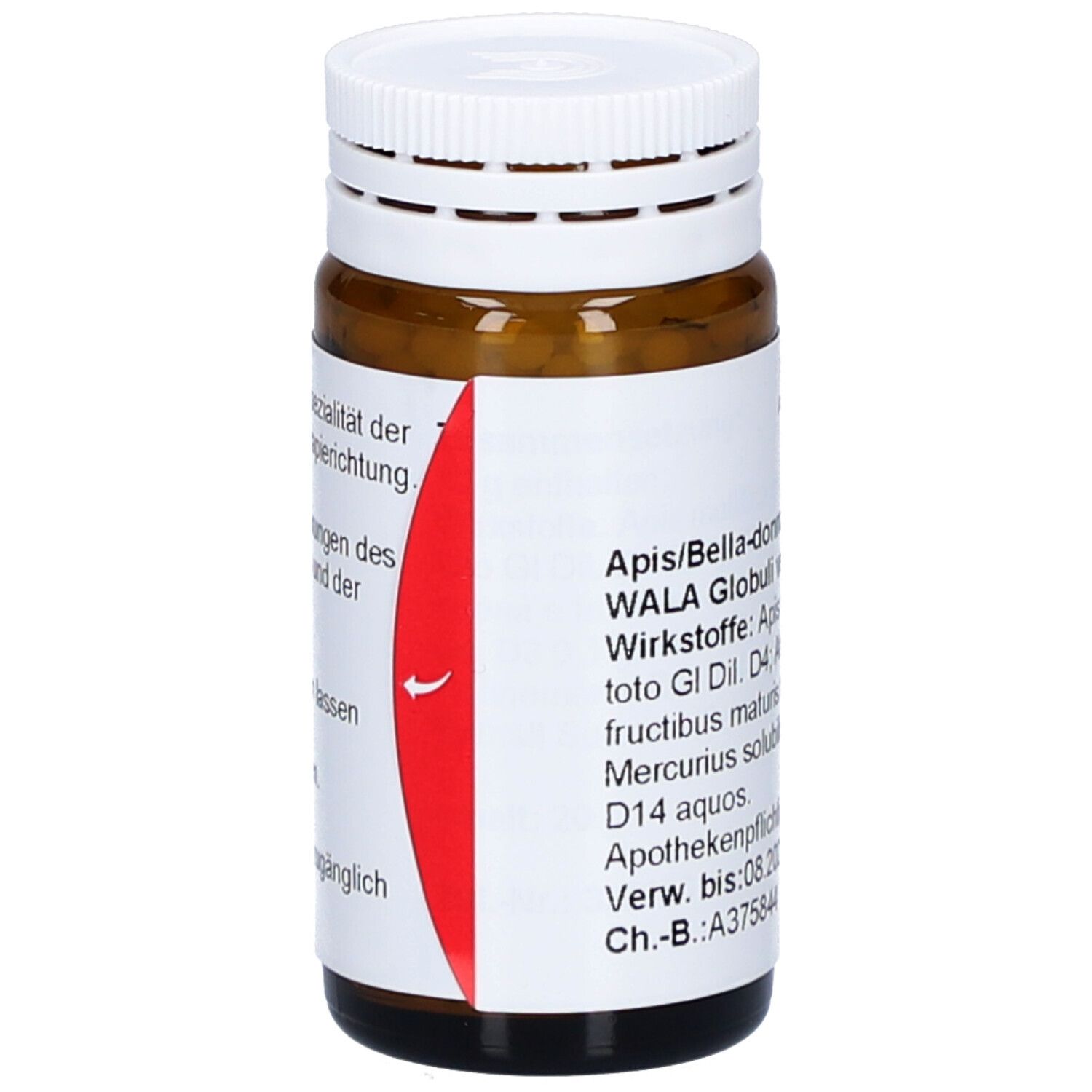Braune Glasflasche mit weißem Deckel. Rotes Etikett mit Text. Beschriftung: APIS BELLAD CUM MER WAL GLO. WALA Arzneimittel.