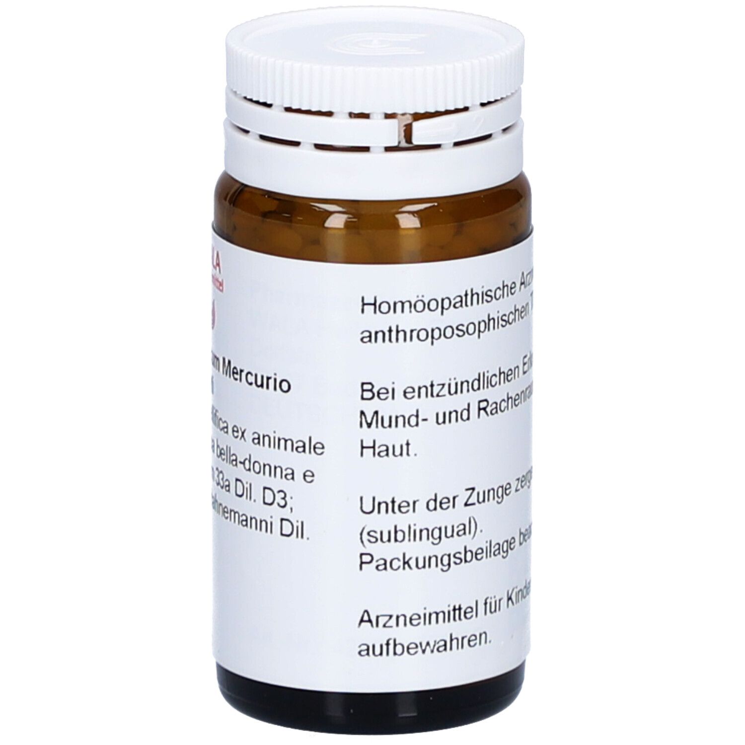 Braune Glasflasche mit weißem Deckel. Rotes Etikett mit Text. Beschriftung: APIS BELLAD CUM MER WAL GLO. WALA Arzneimittel.