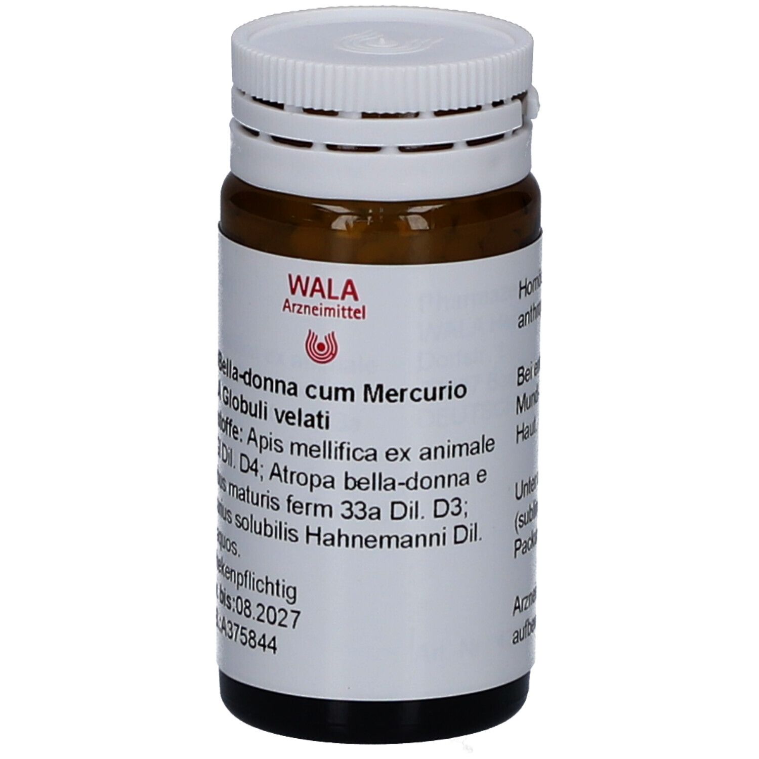 Braune Glasflasche mit weißem Deckel. Beschriftung: APIS BELLAD CUM MER WAL GLO. WALA Arzneimittel. Etikett mit Text.