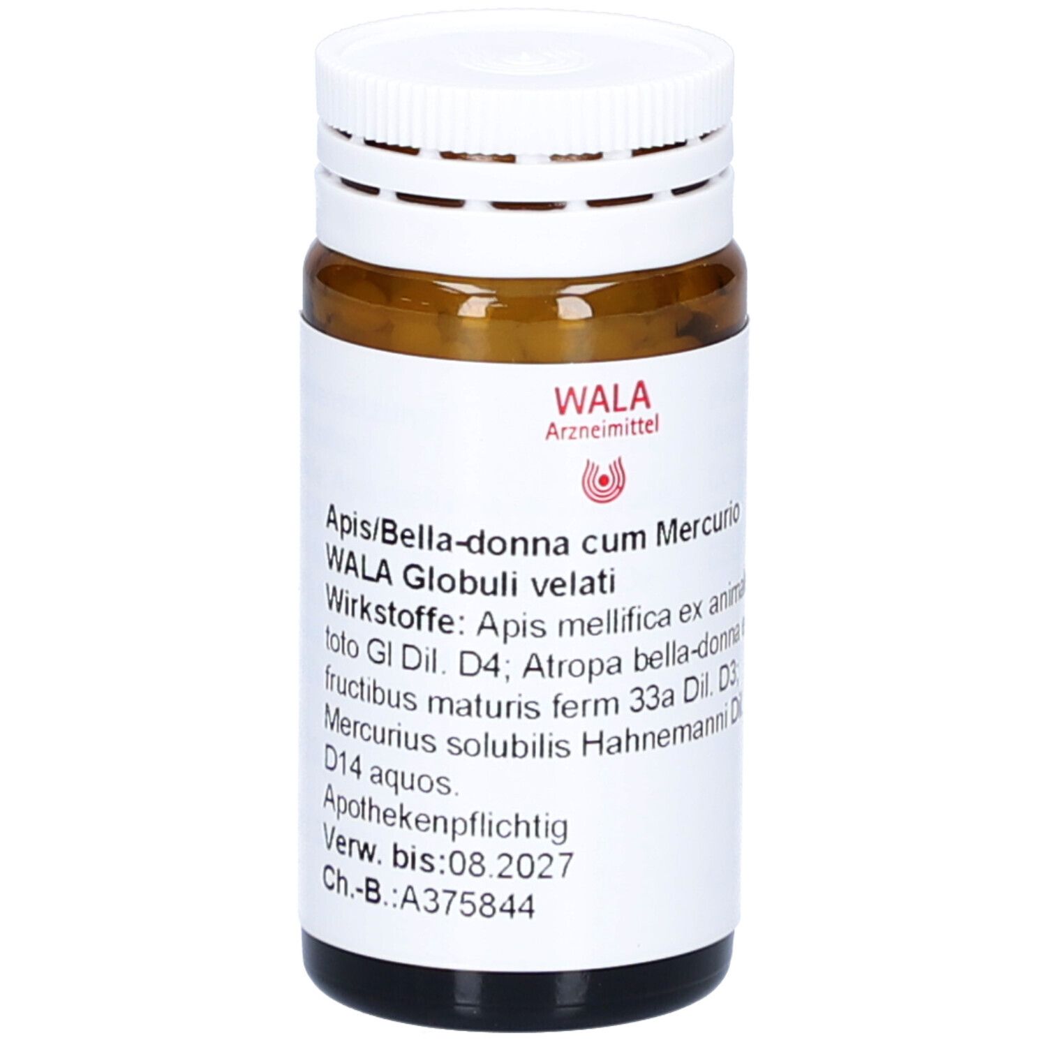 Braune Glasflasche mit weißem Deckel. Beschriftung: APIS BELLAD CUM MER WAL GLO. WALA Arzneimittel. Etikett mit Text.