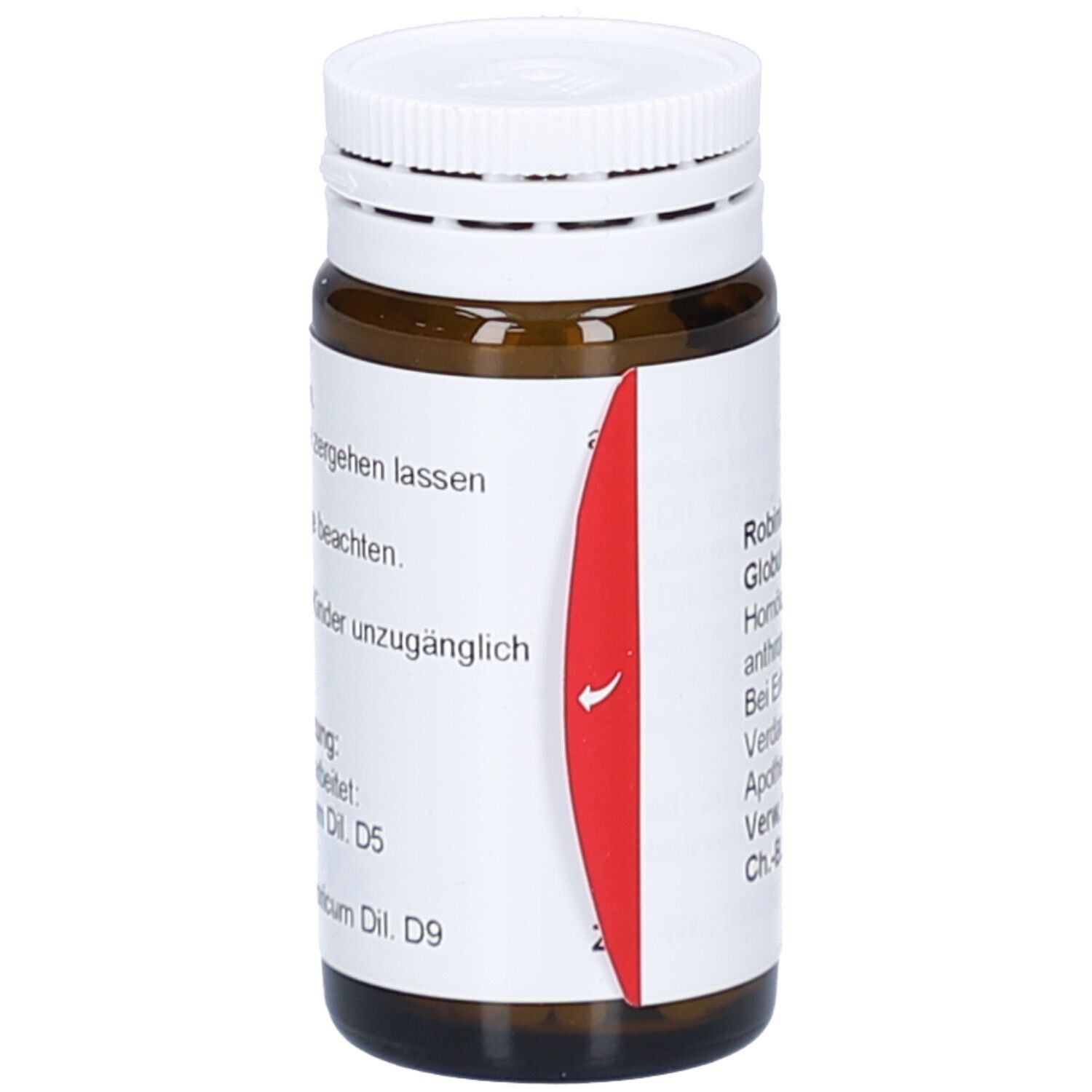 Braune Glasflasche mit weißem Deckel. Rotes Etikett mit Produktinformationen. Text auf Deutsch.