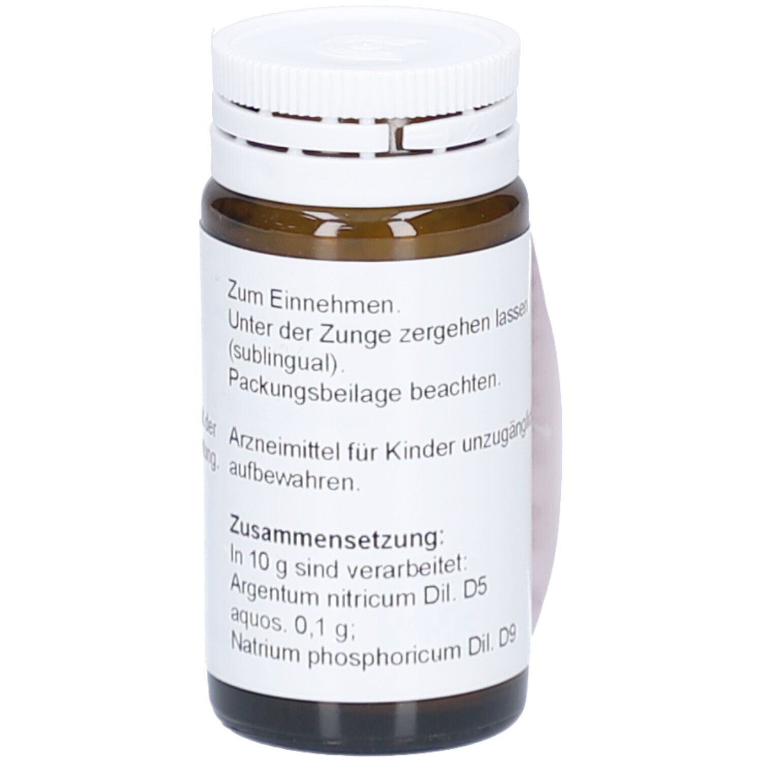 Braune Glasflasche mit weißem Deckel. Etikett mit Produktinformationen und Zusammensetzung.