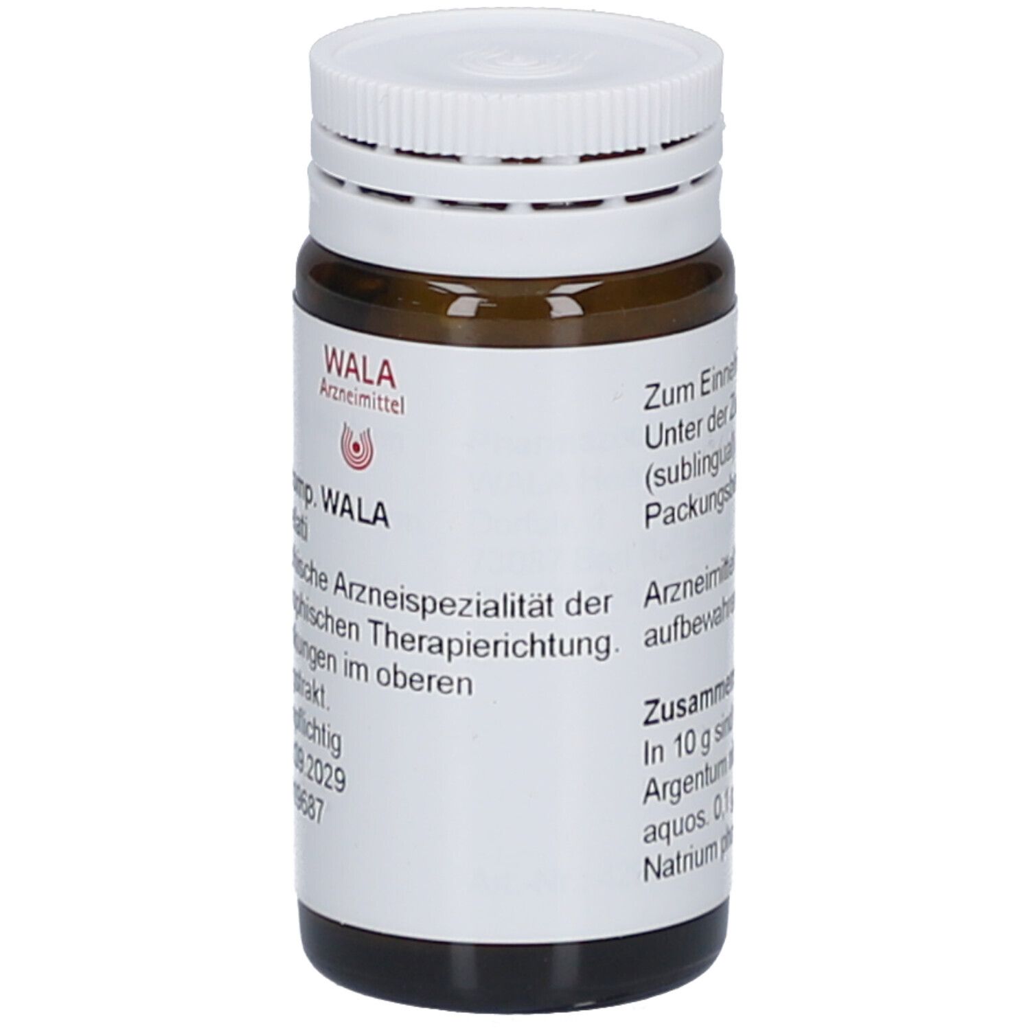 Braune Glasflasche mit weißem Deckel. Etikett mit Produktinformationen. Marke: WALA Arzneimittel.