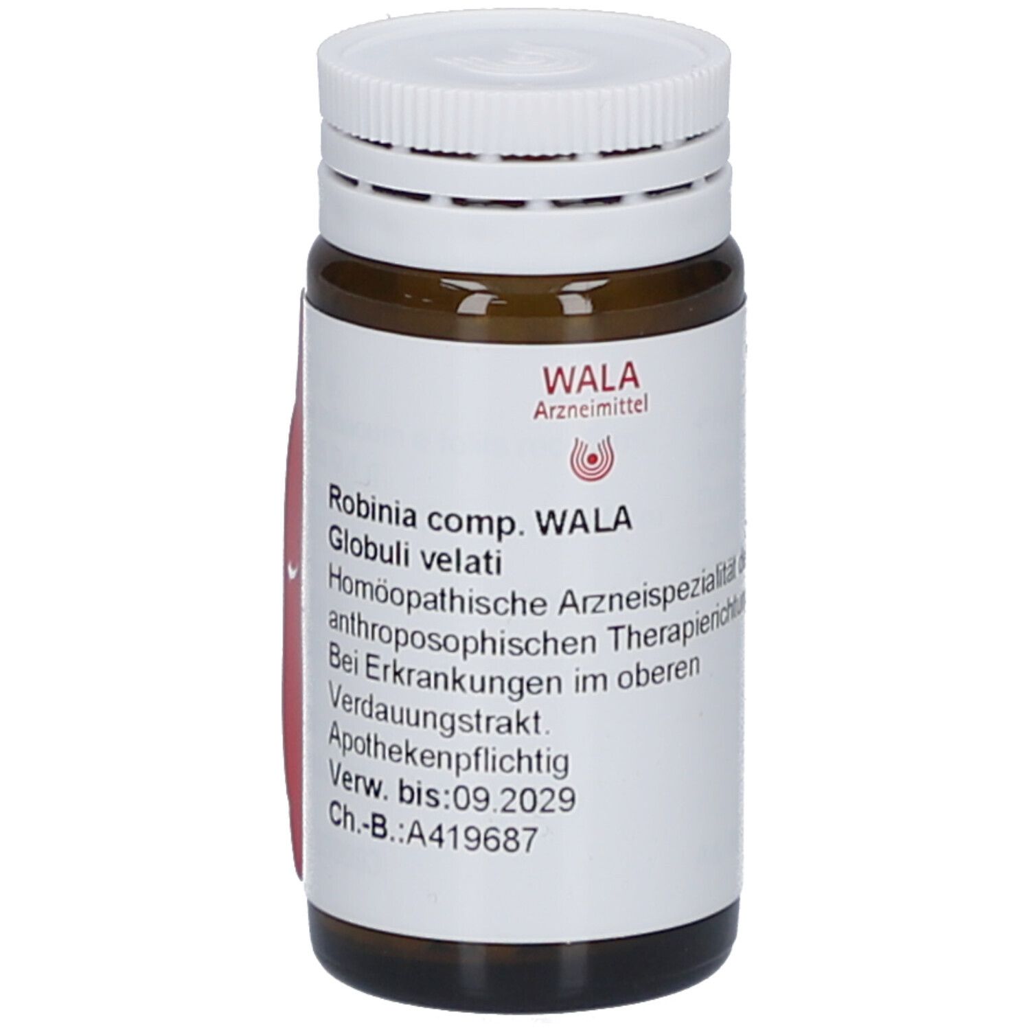 Braune Glasflasche mit weißem Deckel. Rotes Etikett mit Produktinformationen. Marke: WALA Arzneimittel.