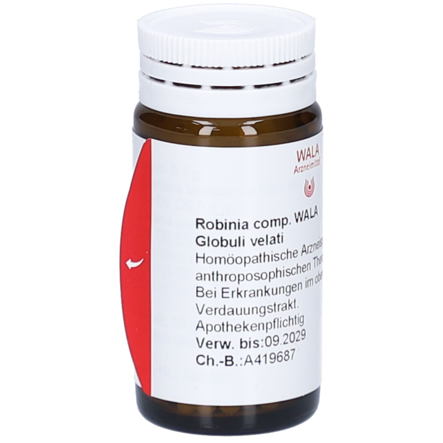 Braune Glasflasche mit weißem Deckel. Rotes Etikett mit Produktinformationen. Marke: WALA Arzneimittel.