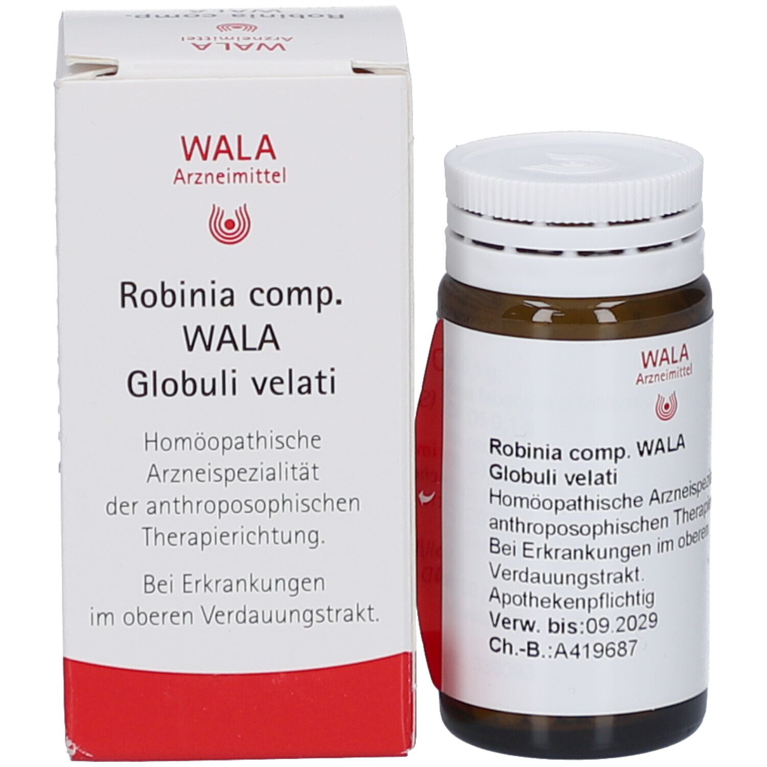 Produktverpackung mit Flasche und Karton. Flasche: braunes Glas, weißer Deckel. Karton: weiß, rot, Text.