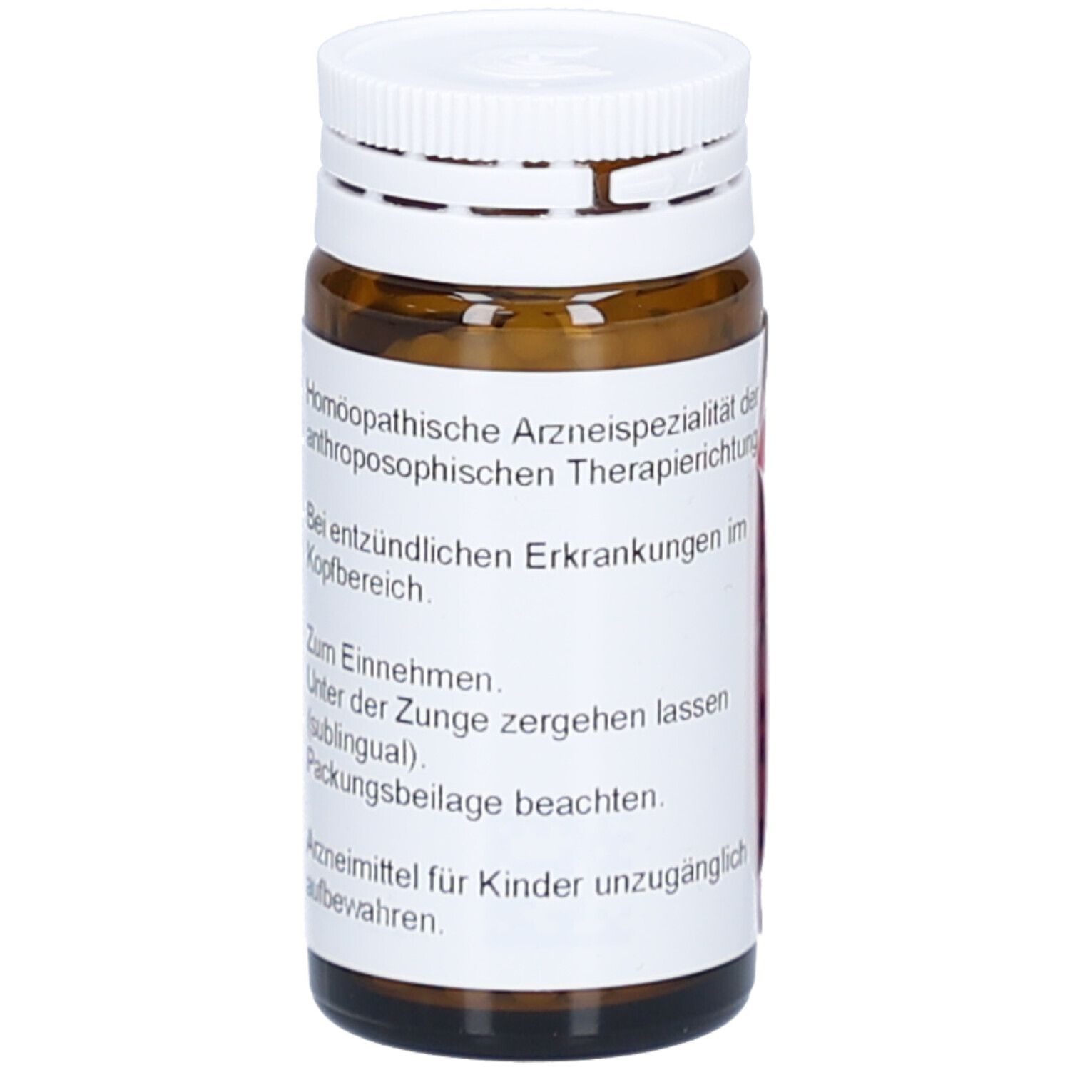 Braune Glasflasche mit weißem Deckel. Etikett mit Text. Homöopathisches Arzneimittel. Text in Deutsch.