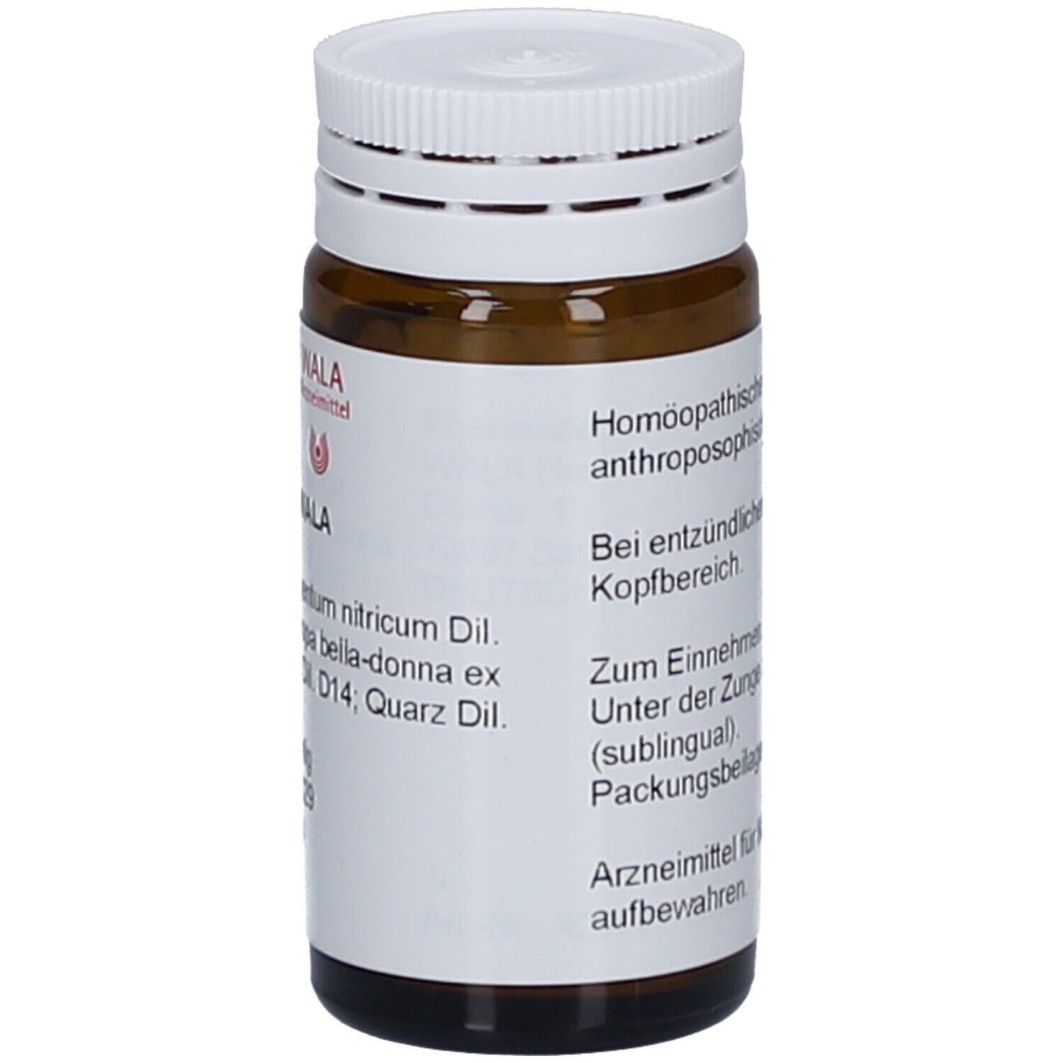 Braune Glasflasche mit weißem Deckel. Etikett mit Text. WALA Logo. Homöopathisches Arzneimittel.