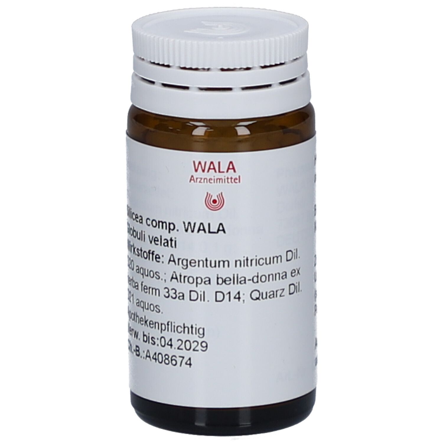 Braune Glasflasche mit weißem Deckel. Etikett mit Text. WALA Logo. Silicea comp. WALA Globuli velati.
