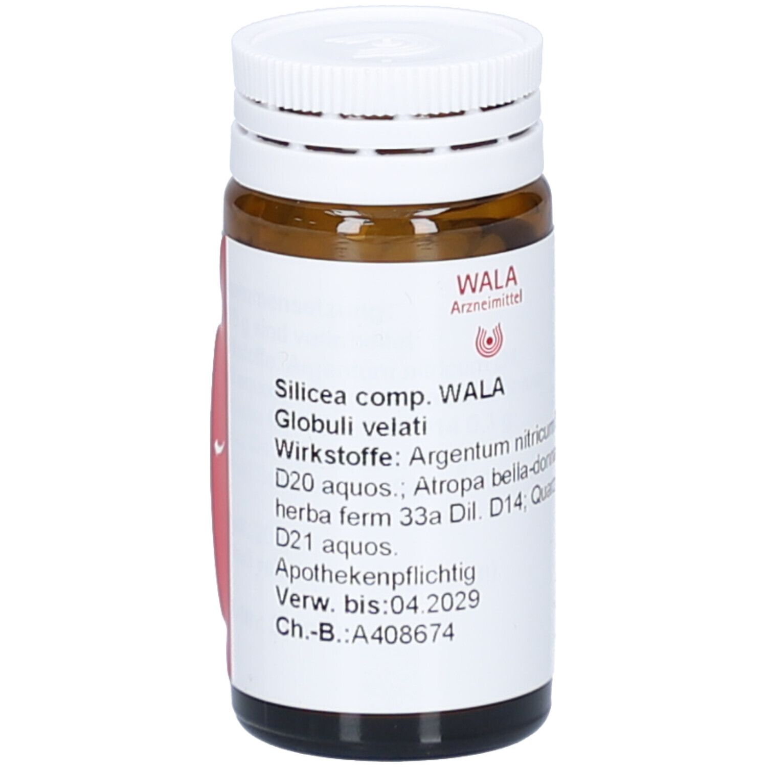Braune Glasflasche mit weißem Deckel. Etikett mit Text. WALA Logo. Silicea comp. WALA Globuli velati.
